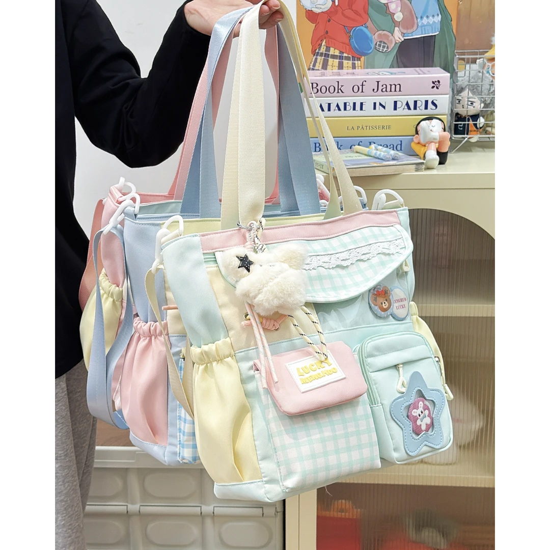 可爱撞色小清新斜挎包日系学院风少女大容量托特包学生上课补习包