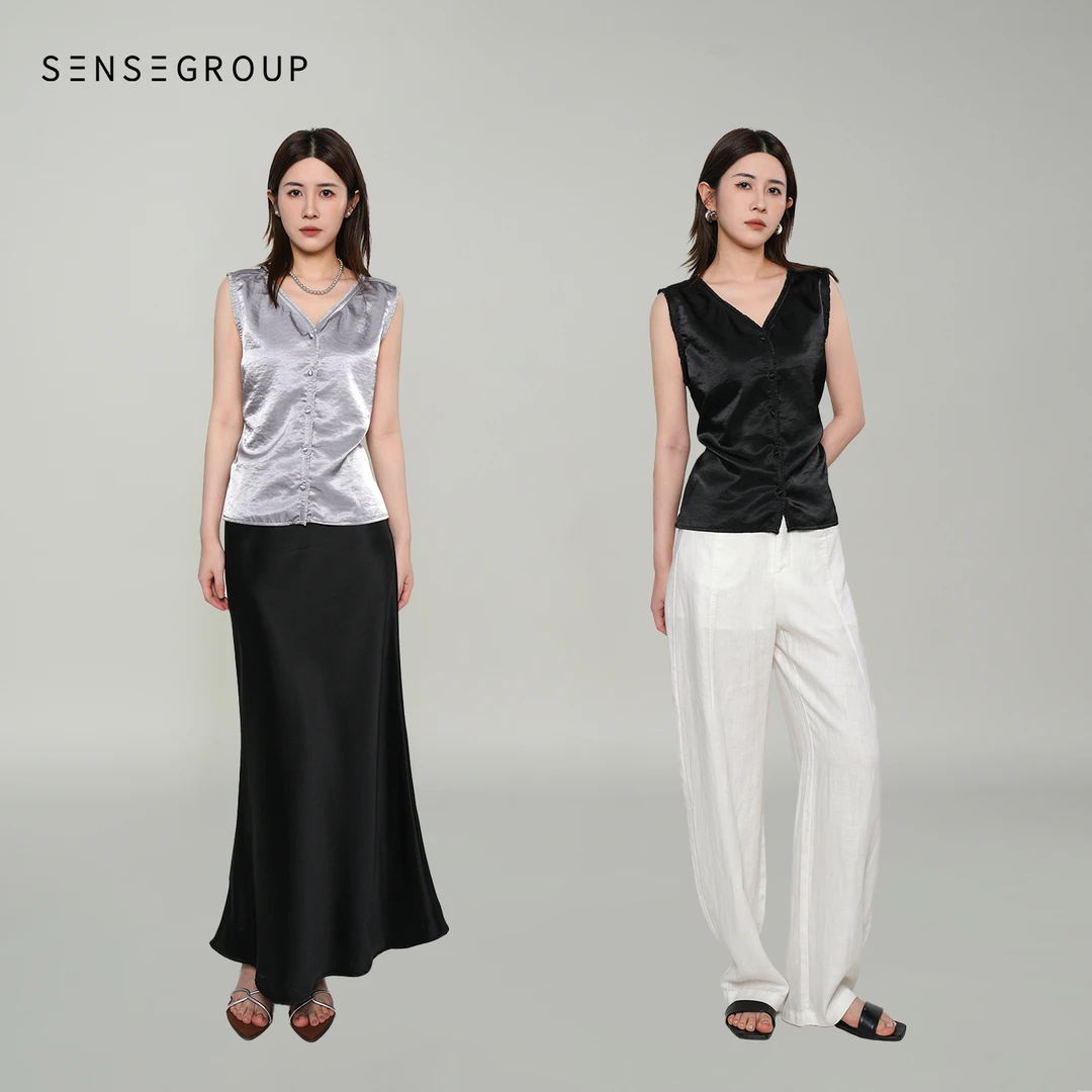 拾尚共合「纤光」背心女夏季新款简约通勤无袖衬衫打底衫V领上衣