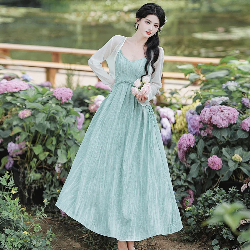 法式气质吊带连衣裙夏季海边度假长裙收腰高级感绿色裙子女装2495