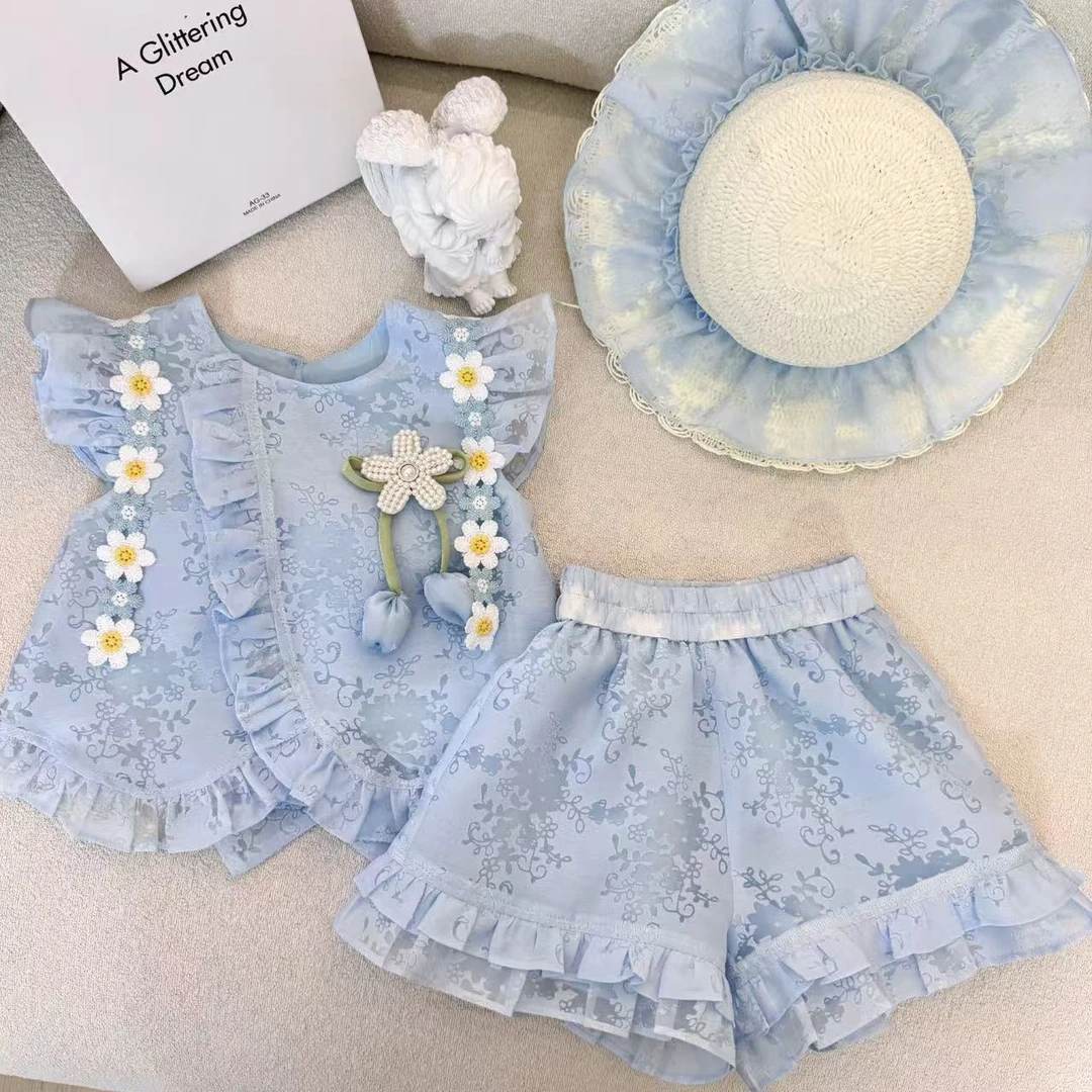 女童花边短袖短裤套装修夏季2025新款甜美洋气娃娃衫套装