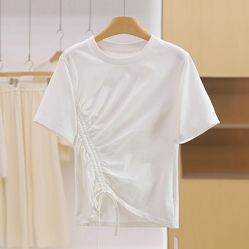 伍莎服饰云仓【然】简约圆领抽绳纯色短袖纯棉T恤上衣