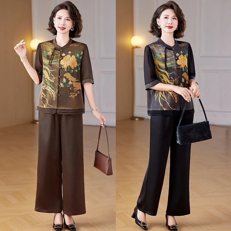 2025年新款妈妈春夏装两件套套装中老年女上衣时尚洋气高贵aa6208