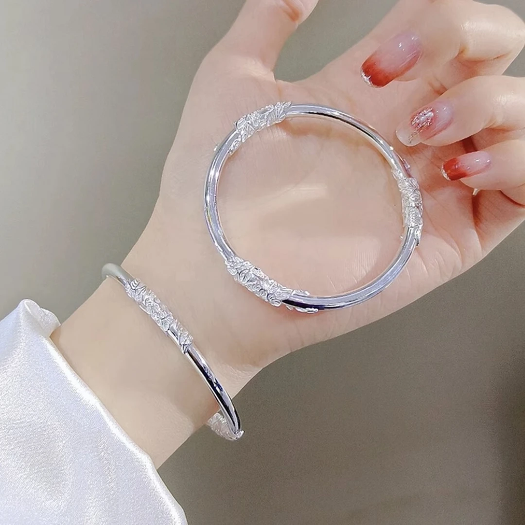 足银手镯 繁花似锦闭口纯银999手镯女实心素圈花丝镯子送女生礼物