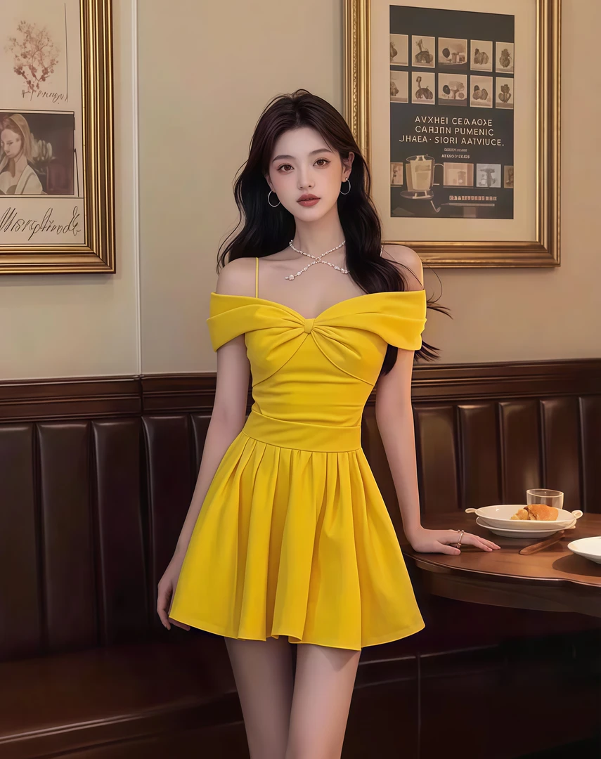 柠檬黄性感辣妹吊带连衣裙短款显瘦收腰气质新款2025小众设计感