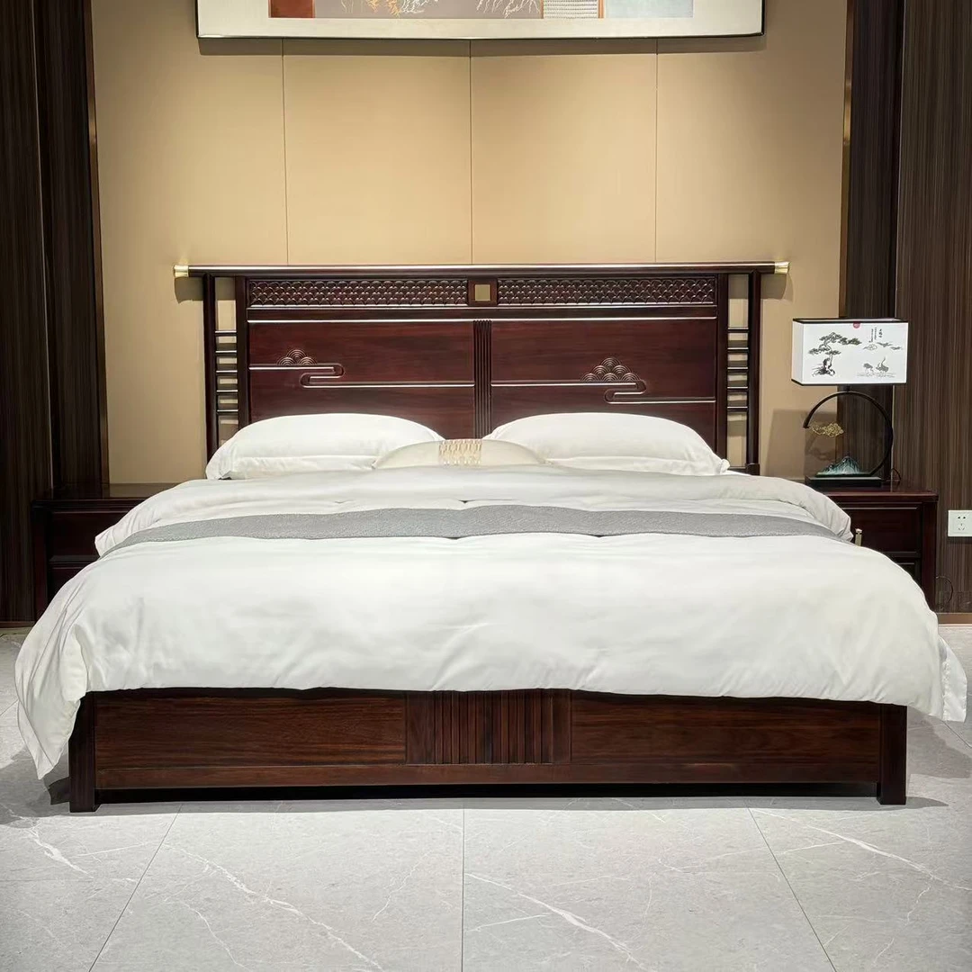 全实木新中式家用主卧乌金木床1.8米床新中式1.5米双人床婚床HT