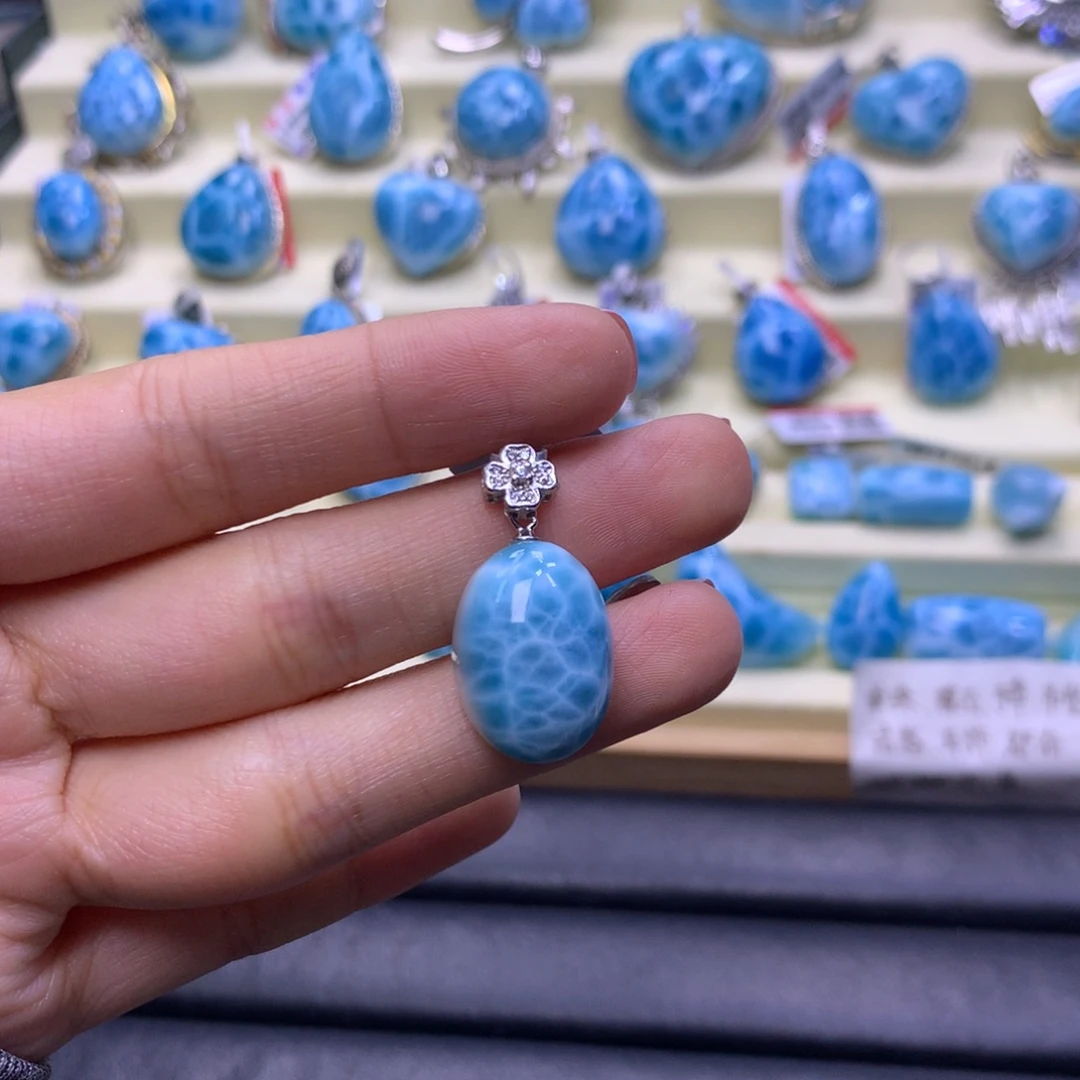 针钠钙石（海纹石）银S925镶嵌吊坠(不含链)蛋面吊坠色差略异