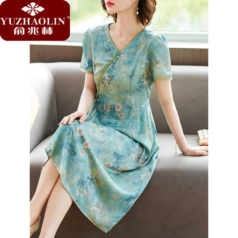 俞兆林俞兆林中年妈妈夏装仿真丝连衣裙2025新款中老年女洋气贵夫
