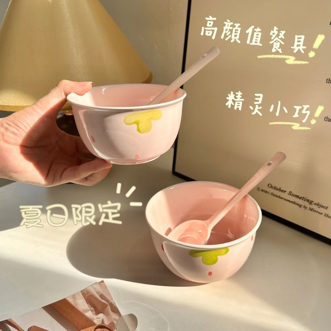 奶油风粉色系少女心草莓陶瓷碗勺家用釉下彩高颜值米饭碗ins餐具