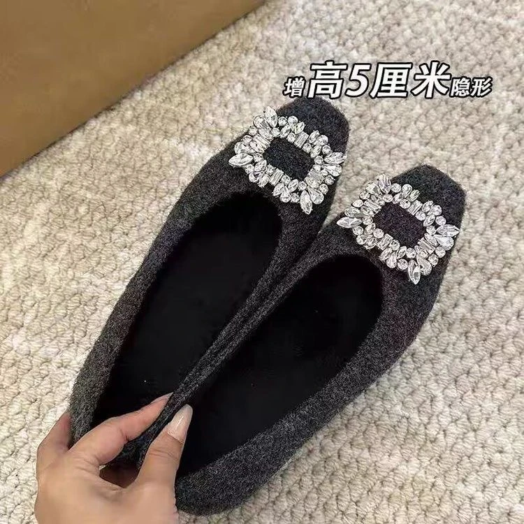 爆款·内增高5cm韩系加绒方单鞋浅口时尚秋冬粗跟方钻外穿高跟鞋