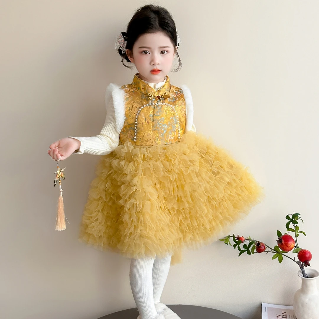裙子女童新中式蛋糕裙冬季2025新款儿童加绒冬装连衣裙宝宝拜年服
