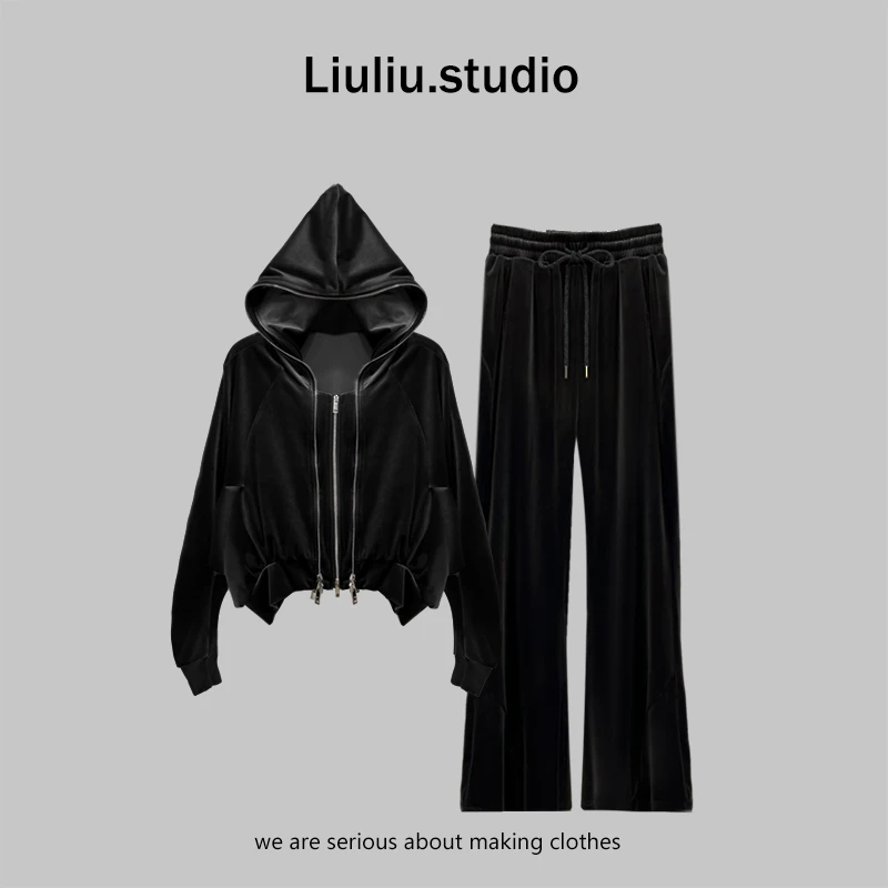LiuLiu定制【暗夜黑】设计师欧美宽松连帽丝绒外套+显瘦长裤套装