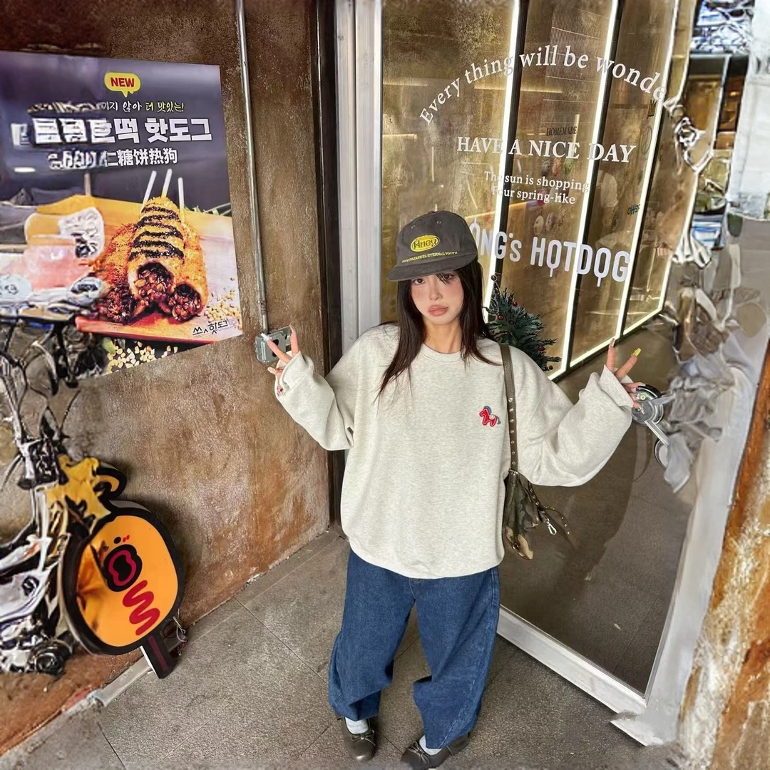 刺绣宽松加绒圆领慵懒风百搭女士卫衣 82022（DG）