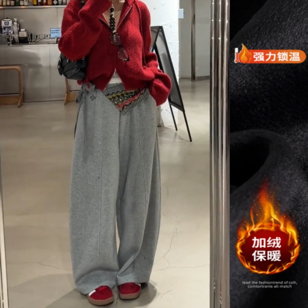 景倩妮韩系灰色刺绣弯刀休闲裤2025年冬季新款加绒显瘦窄版阔腿裤