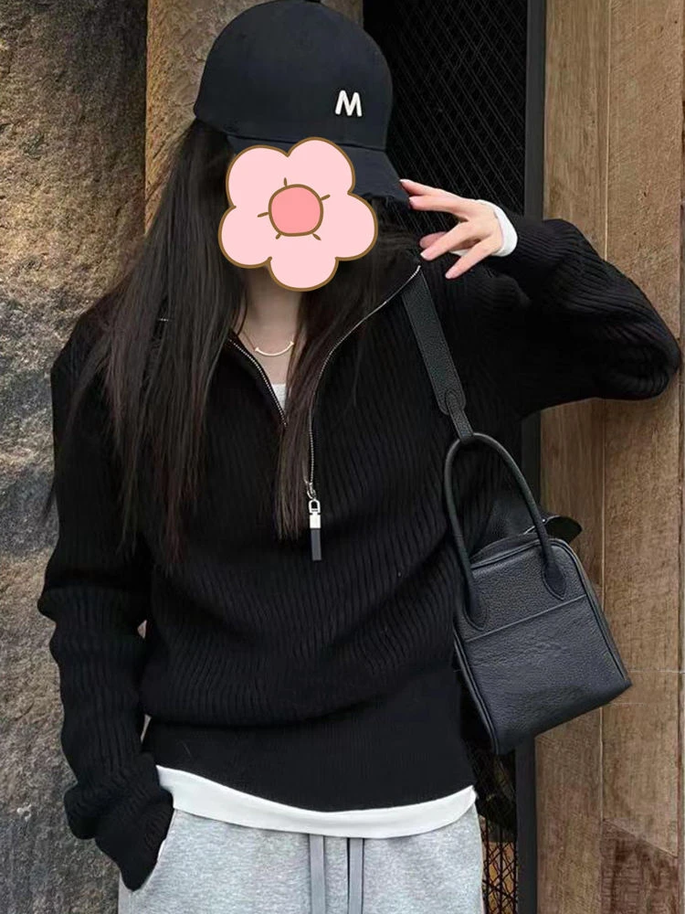 半高领拉链针织打底衫上衣女秋冬立领宽松设计感内搭气质加厚毛衣