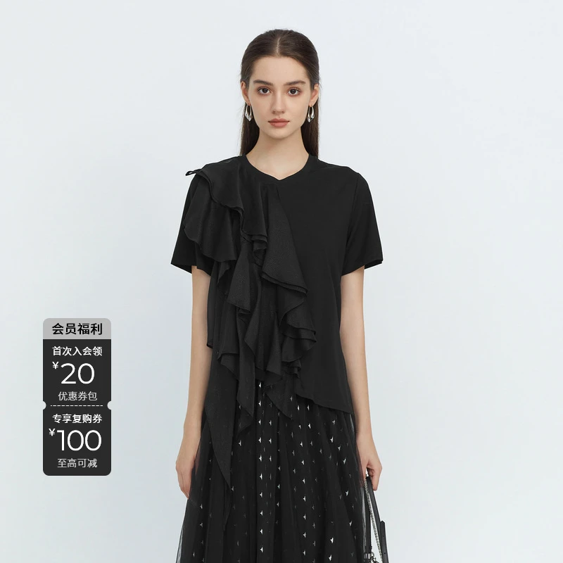 S·DEER圣迪奥女装圆领网纱拼接不规则黑色百搭短袖T恤S222Z0146