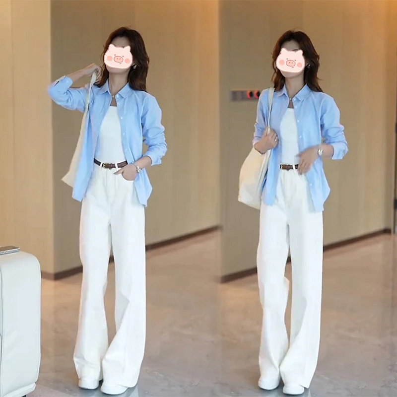 小个子穿搭一整套女韩版爆款通勤简约外穿衬衫牛仔阔腿裤两件套装