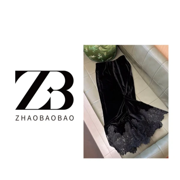 【ZHAOBAOBAO】时尚轻奢黑色丝绒拼接植绒半身裙