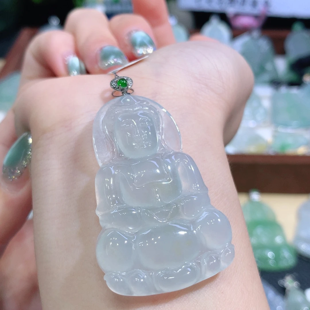 翡翠18K金镶嵌吊坠(不含链)纯天然缅甸A货翡翠揭阳工观音