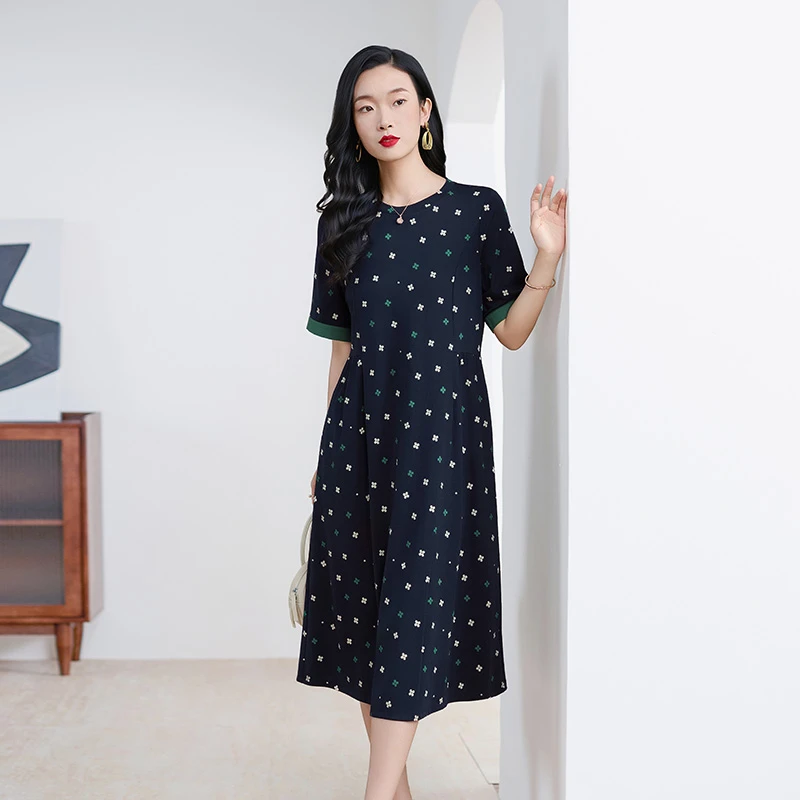 阿吉多短袖连衣裙女夏季新款时尚撞色碎花长裙大码宽松高级裙子