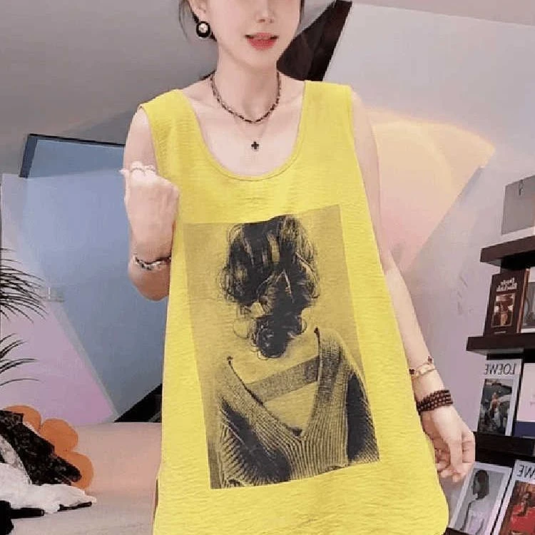 大码300斤起皱冰丝人像印花背心女夏季新款宽松显瘦时尚无袖上衣