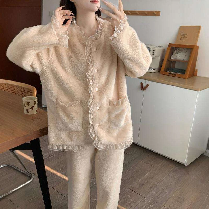 公主风甜美蕾丝边冬季加厚珊瑚绒睡衣女保暖长袖法兰绒家居服套装