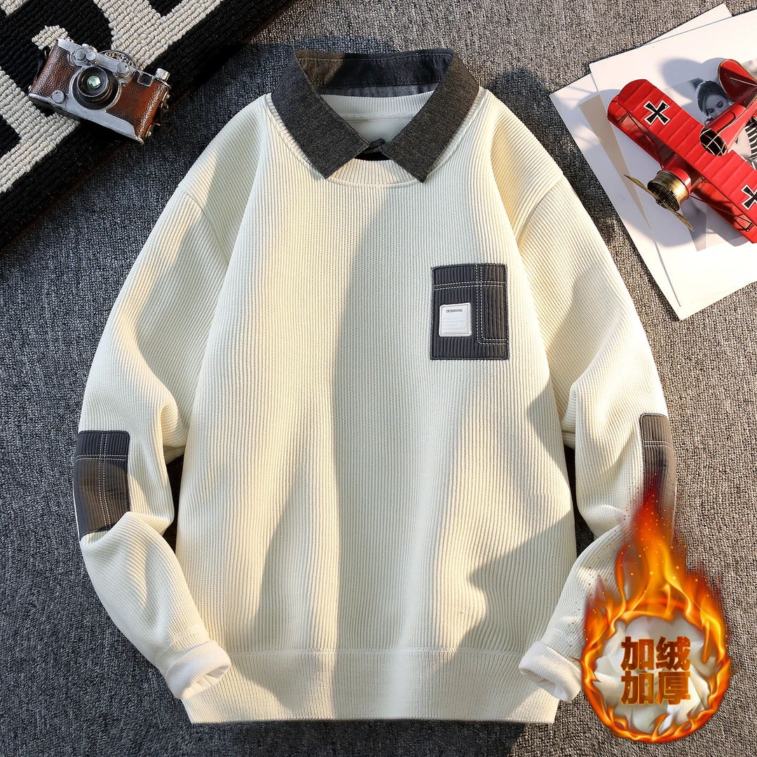 2025秋冬季新款加绒衬衫领毛衣男休闲加厚保暖一体绒假两件针织衫