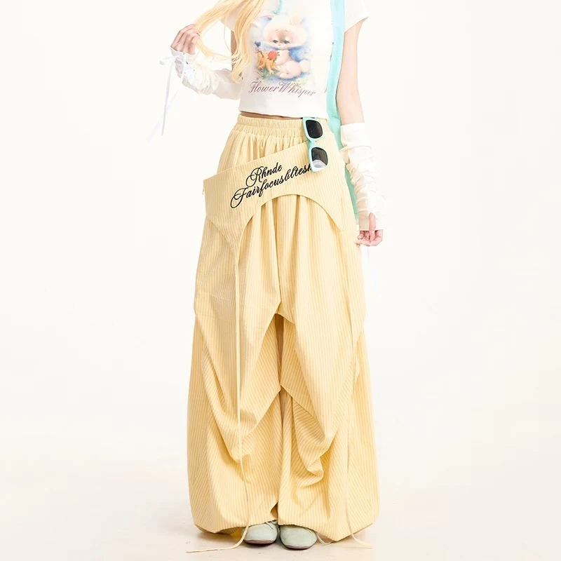 美式叠穿绑带刺绣条纹阔腿裤女夏季褶皱潮牌嘻哈街舞宽松休闲裤子