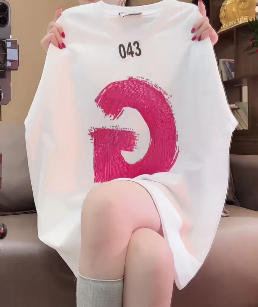 短袖爆款2025新款女款潮牌宽松大版烫钻夏季重工纯棉休闲上衣女