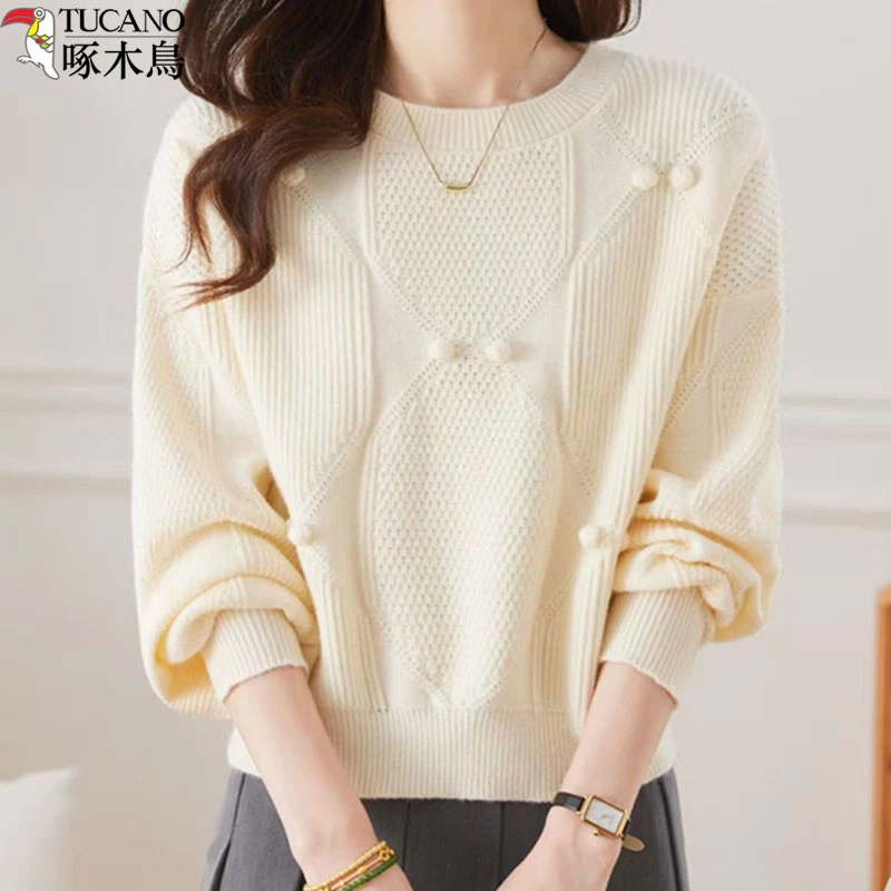 啄木鸟气质时尚针织衫女装秋冬新款百搭宽松显瘦慵懒风套头外穿