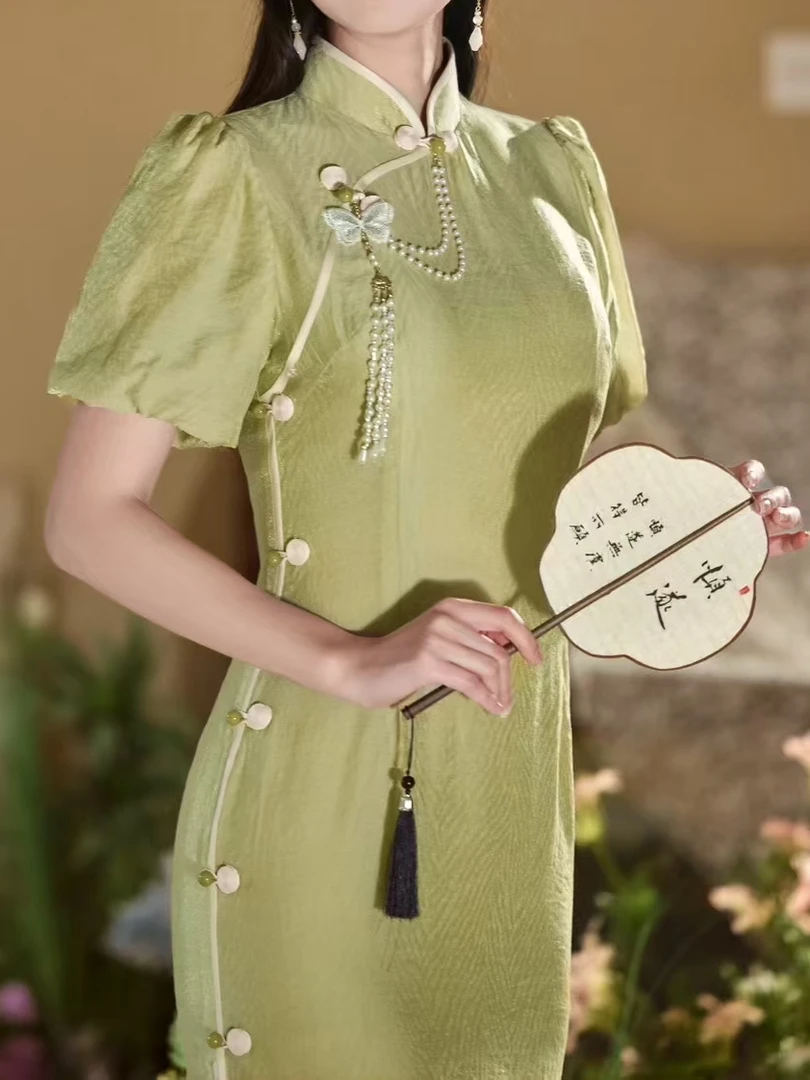 少女风新中式日常旗袍夏季单色中长款文艺气质复古优雅显瘦中国风