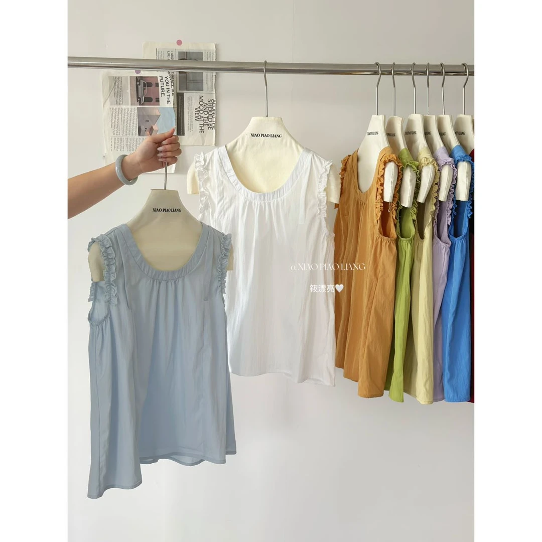 法式甜美减龄压褶设计感无袖上衣女夏季ins简约百搭背心2614#0.1