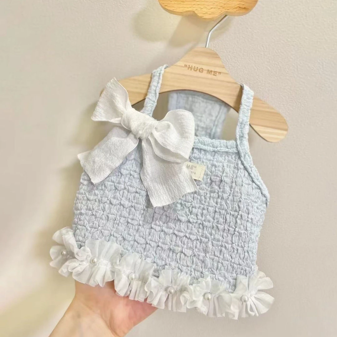 蝴蝶结小泡芙春夏款手工珍珠花边宠物吊带专用潮款拍照猫猫狗狗