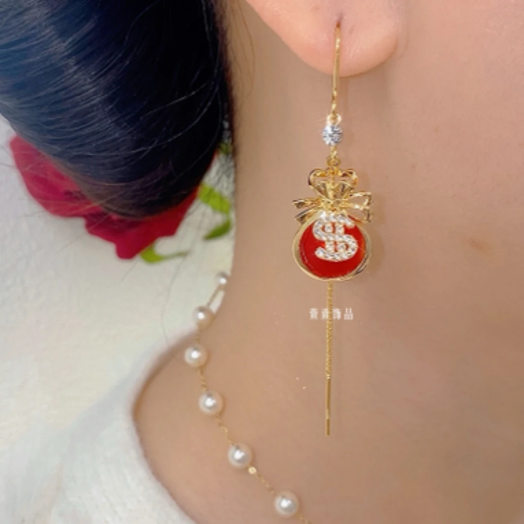 铜合金无非金属耳饰 长款福袋简约气质流苏时尚红色耳环0435轻奢