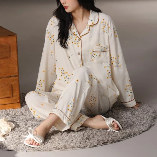 好好睡觉舒适自在居家服女长袖长裤两件套睡衣外穿花卉翻领35870