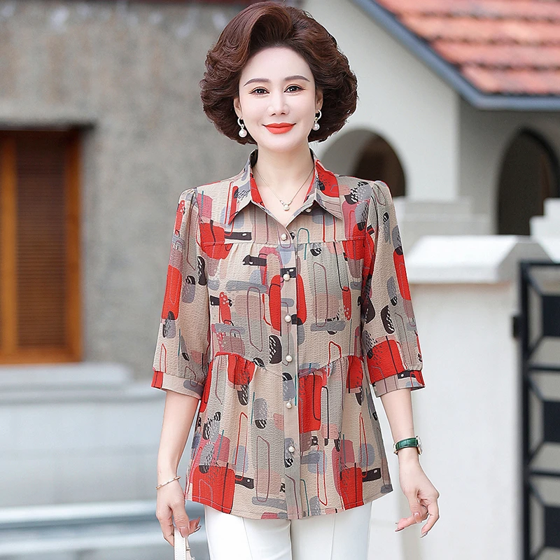 薄款夏季中袖衬衫妈妈装开衫翻领宽松小衫中老年女装夏装衬衣