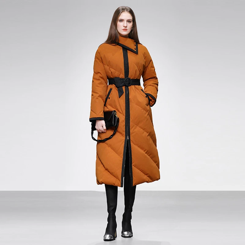 冬季新款时尚撞色包边翻领收腰中长款亮闪斜纹羽绒服外套QC34986