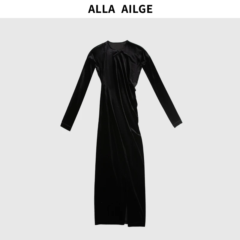 ALLA AILGE「黑天鹅」扭缝长袖开衩弹力中长款黑丝绒连衣裙