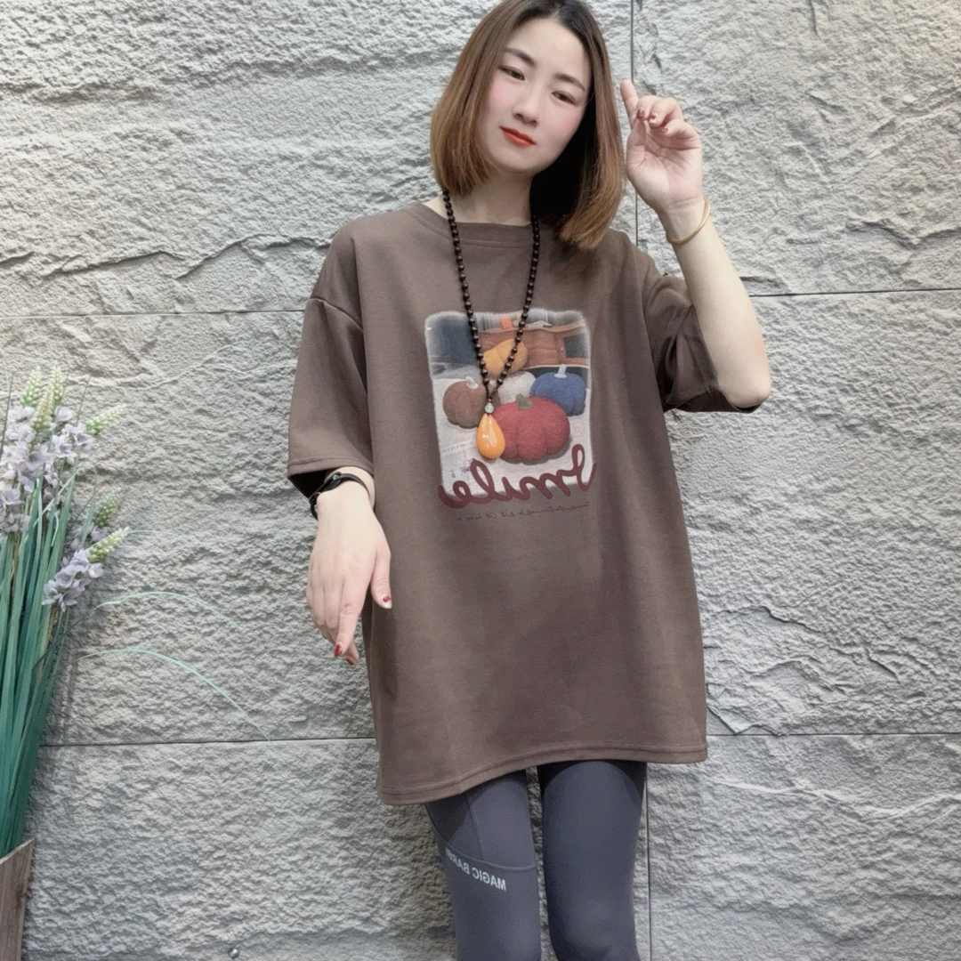 YXR288宽松型短袖中长款T恤印花大版落肩袖半袖圆领百搭时尚
