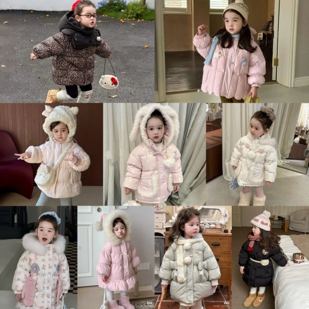 冬款女童中长款卡通小熊印花毛领连帽公主风碎花羽绒服