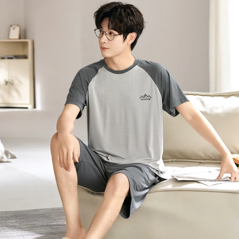 男士睡衣夏季圆领短袖短裤休闲套装加大码宽松青年简约薄款家居服