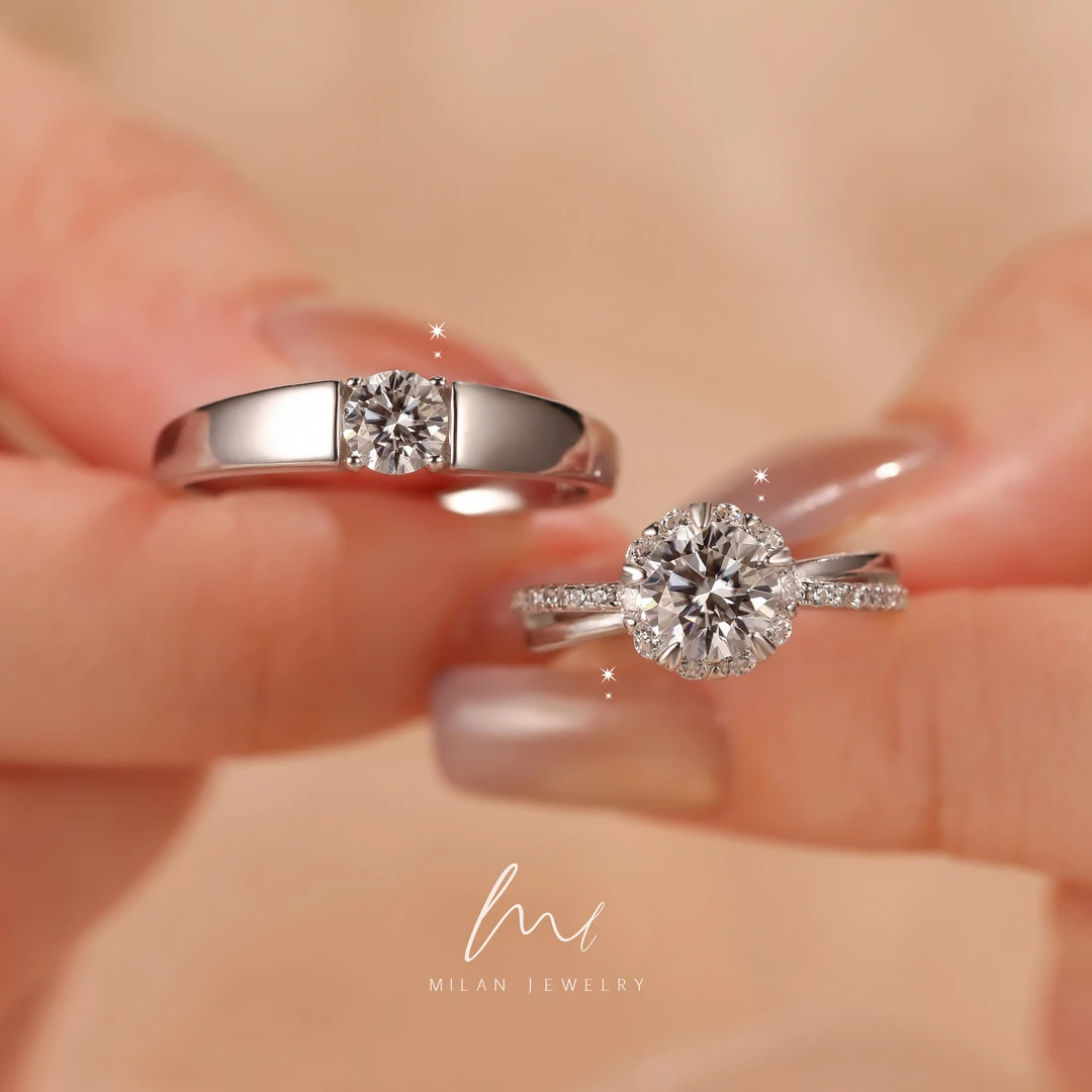 秘蓝 925银莫桑石戒指 初雪&一往情深对戒/情侣经典小众高级婚戒