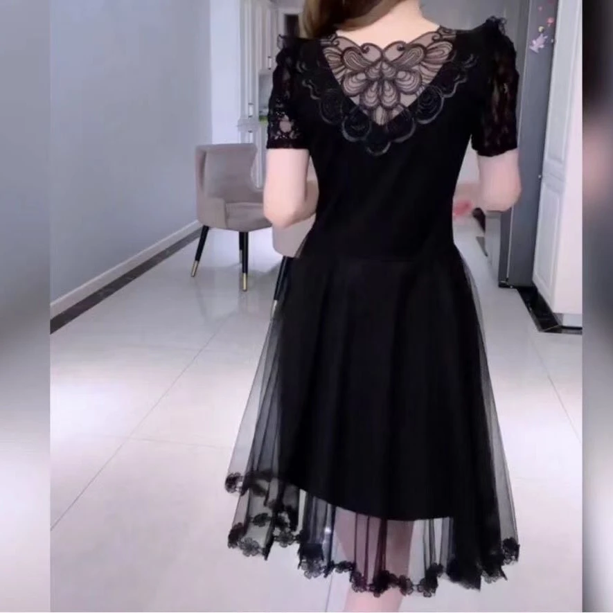 02时尚夏季新款连衣裙黑色洋气拼接遮肉显瘦气质裙子长裙