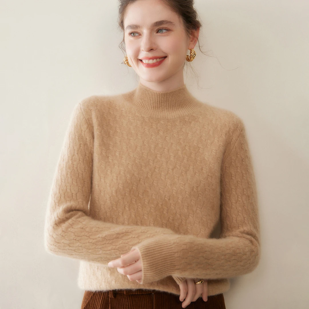 秋冬新款三股精纺山羊绒衫女小碎花半高领简约百搭纯色羊绒衫正品