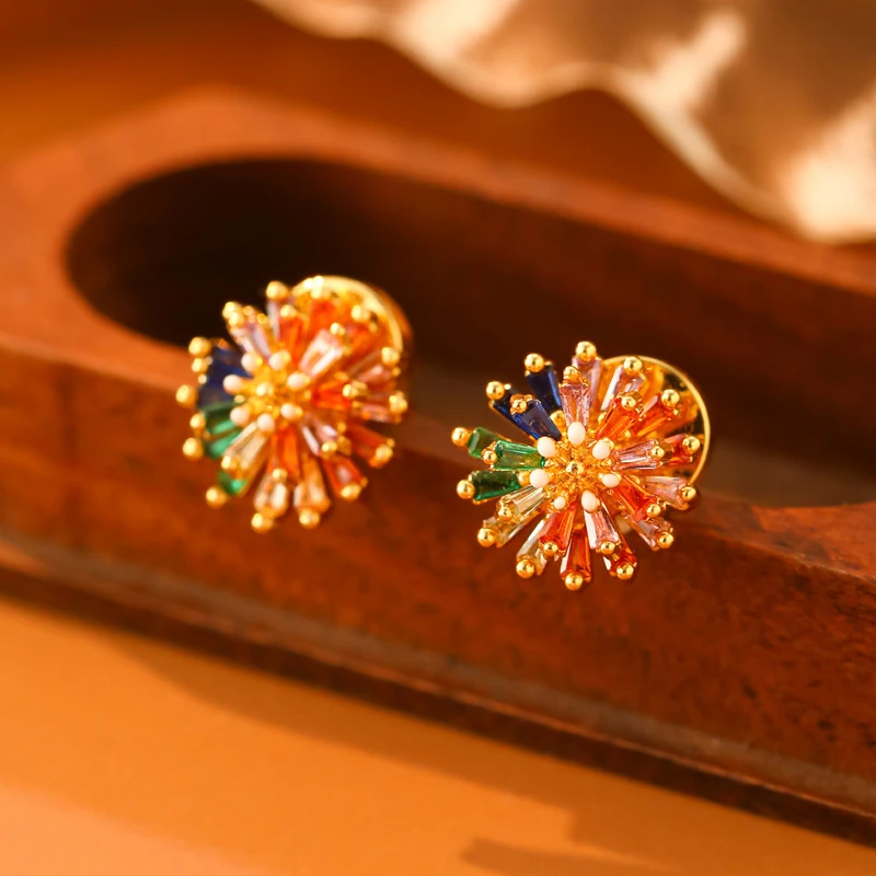 铜合金耳饰 精致轻奢多巴胺彩色锆石烟花耳钉简约时尚百搭耳环