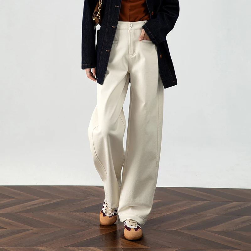 米白色镰刀裤阔腿牛仔裤女2025秋季新款高腰宽松显瘦长裤子弯刀裤