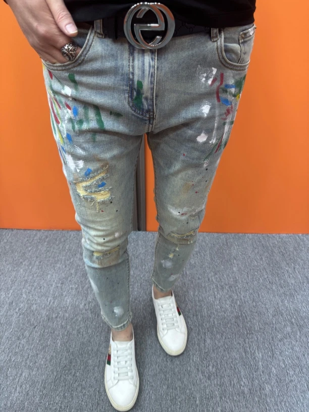 夏季高端牛仔裤个性彩绘破洞修身小脚裤弹力时尚百搭潮流牛仔裤