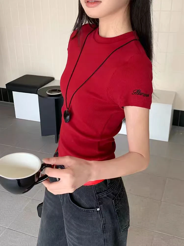 歌幂红色圆领正肩短袖t恤女夏季修身袖口字母绣AA6011显瘦AAP6011