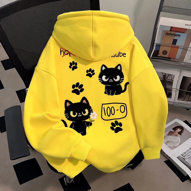 WASSUP HSUBE趣味休闲小猫情侣连帽套头卫衣秋冬重磅美式上衣chic