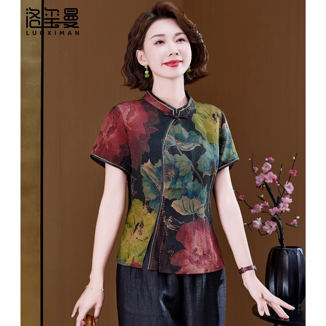 洛玺曼国风香云纱上衣高档中老年女装妈妈短袖真丝桑蚕丝T恤小衫