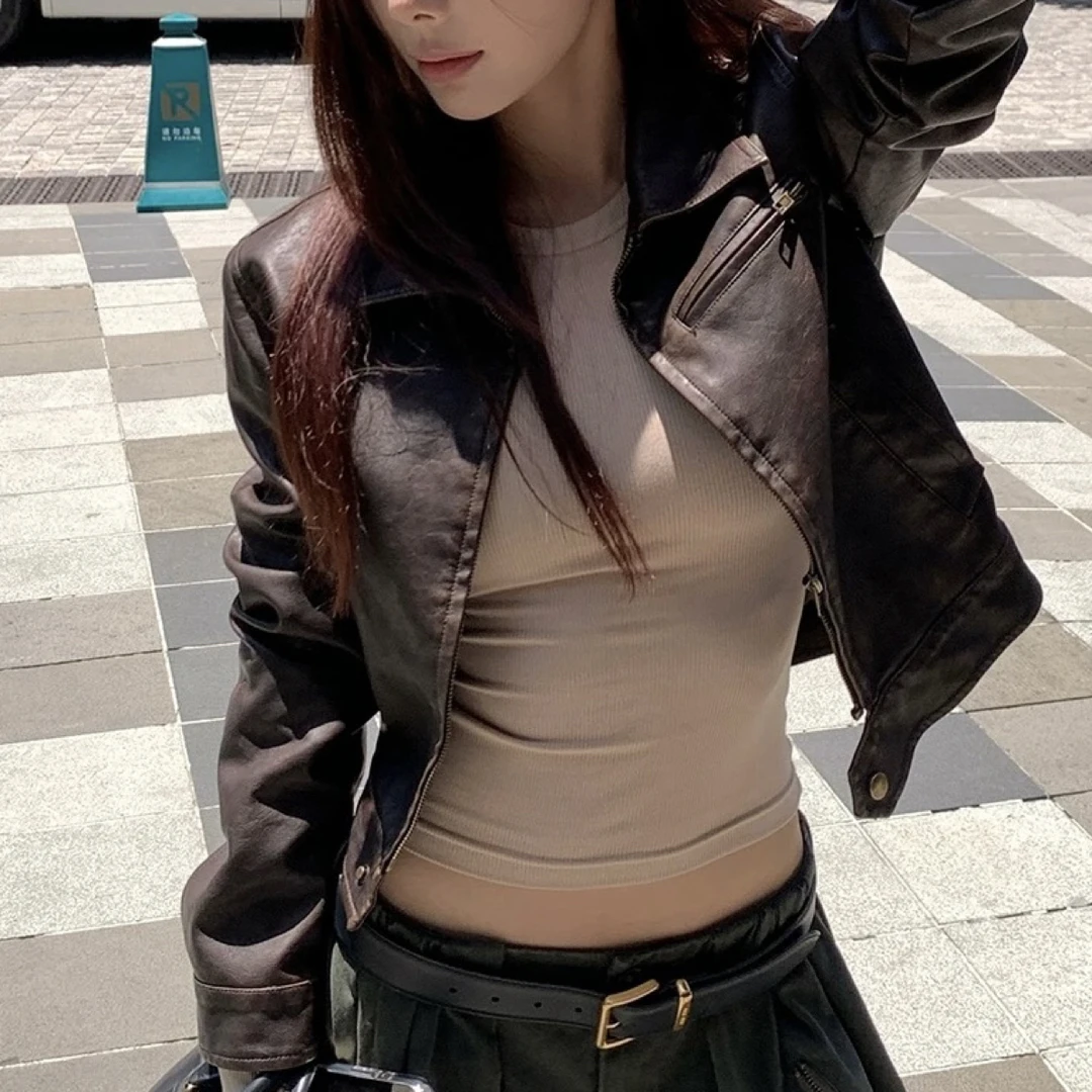 酷飒风美式短款皮衣网红外套女早秋修身PU复古机车夹克上衣